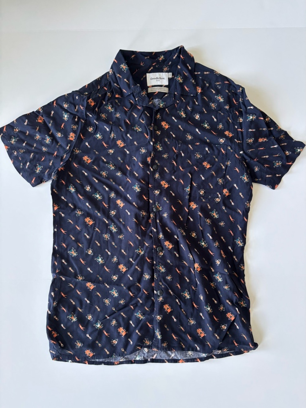 Goodfellow & Co Navy Short-Sleeve Button-Up Shirt with Orange & Light Blue Print
